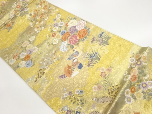 JAPANESE FUKURO OBI / GOLD FOIL / WOVEN AUTUMN FLOWERS